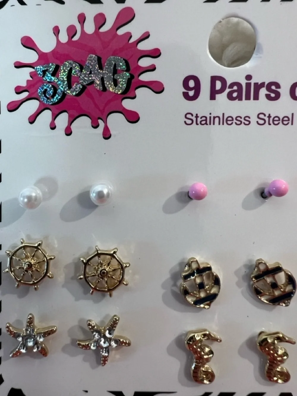 3C4G 9-Pairs of Pierced Earrings Stainless Post Nickel Free
